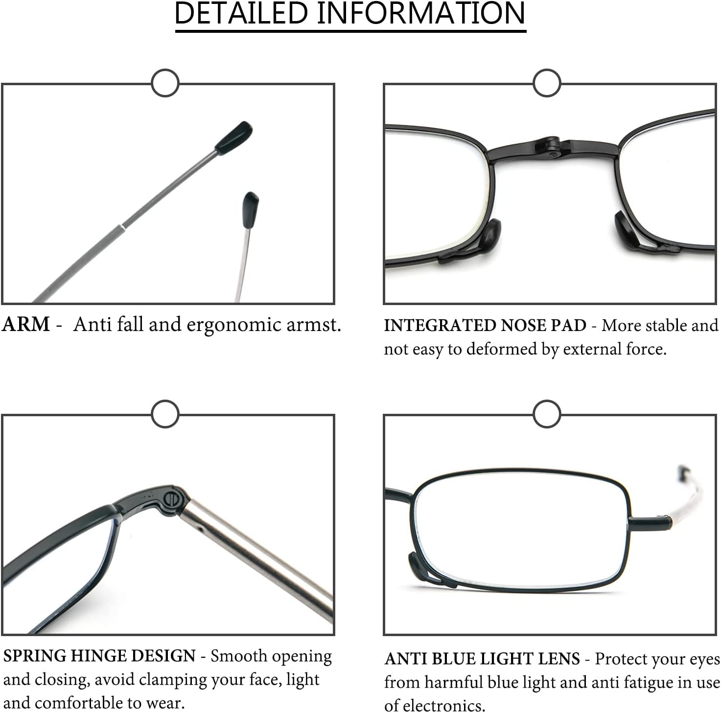 Detalle 2 de KoKoBin Faltbare 2er-Pack Lesebrille aus Edelstahl – kompakt, mit Mini-Hartschalen-Etui und variablen Dioptrien