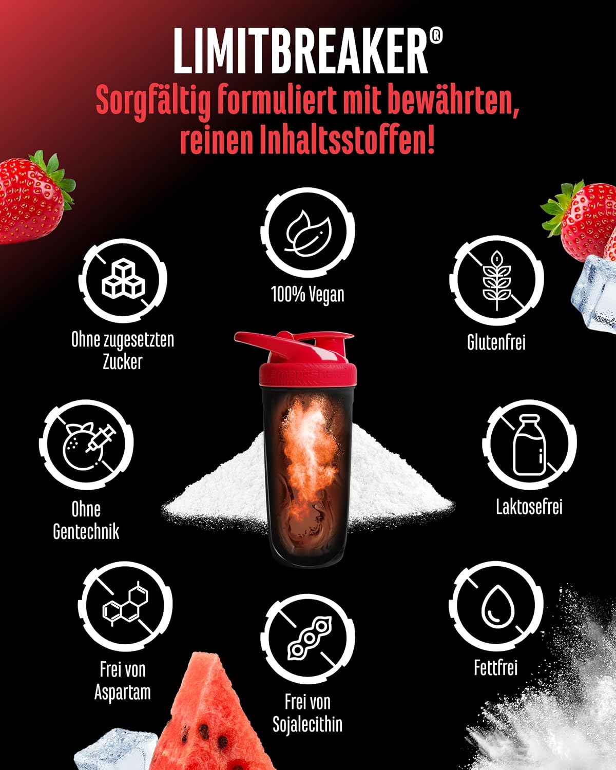 Detalle de LIMITBREAKER Pre Workout Booster mit Koffein 300 mg – Erdbeere Wassermelone, 360 g