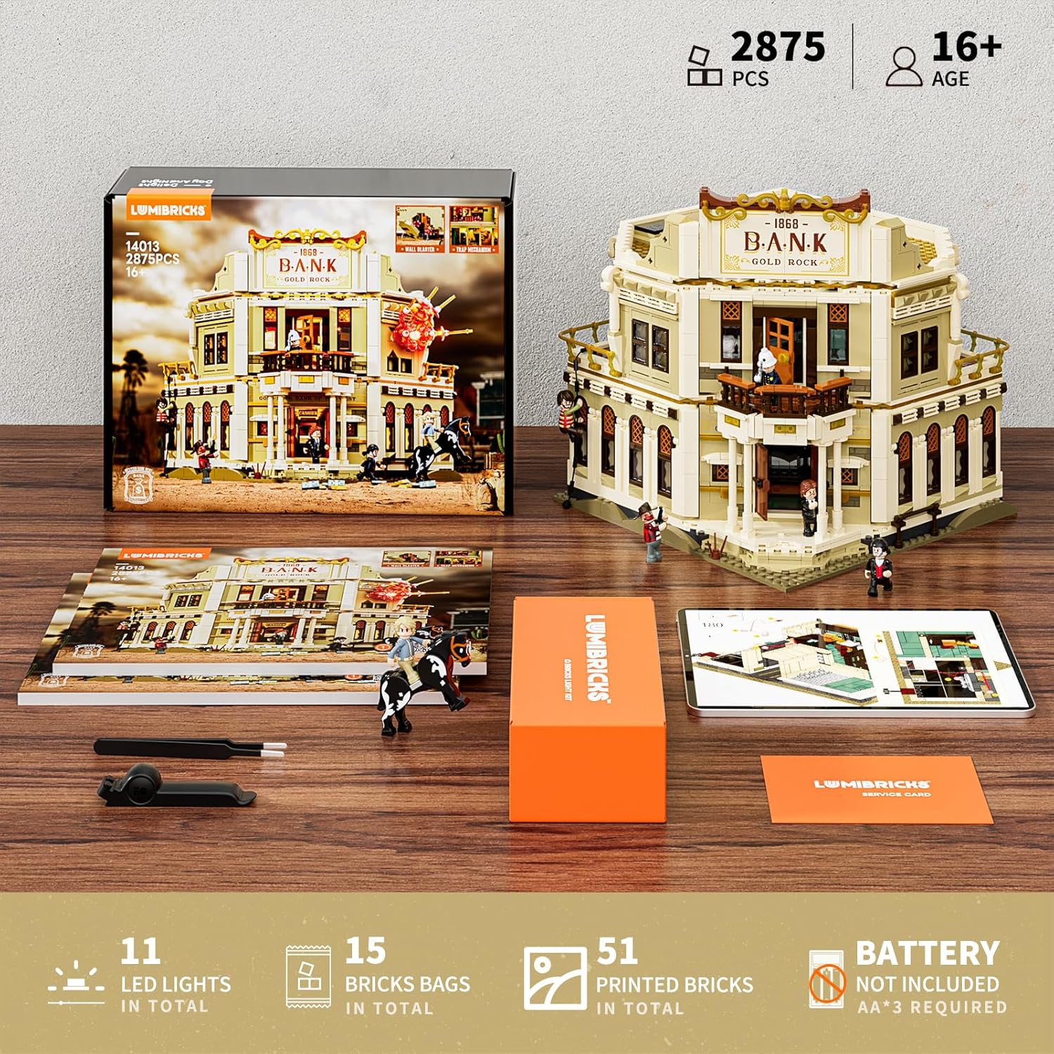 Thumbnail 4 de Lumibricks Western Bank Heist Lighting Building-Bricks Set (2875 pcs) — Wild West Outlaw Gold Display Collection