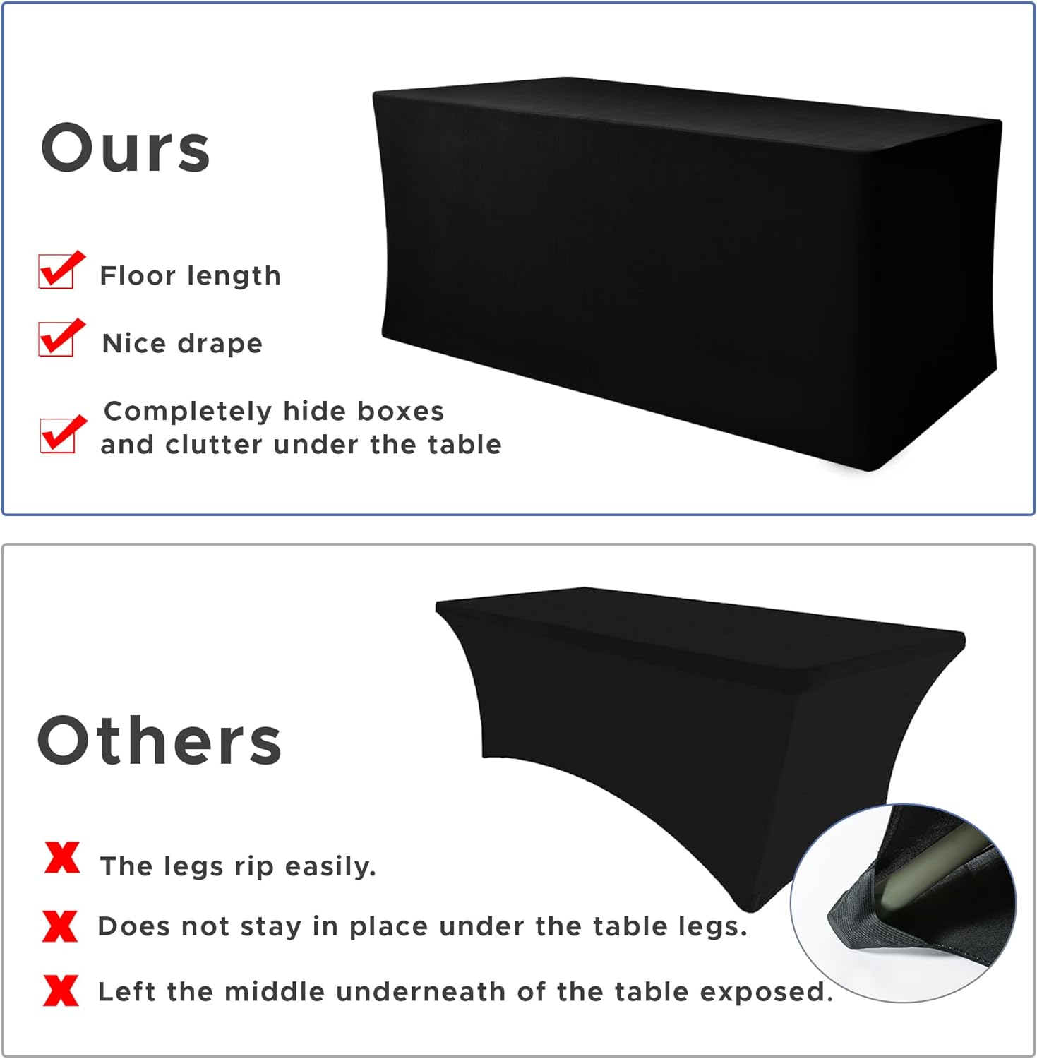 Thumbnail 4 de Nasitos Spandex Fitted Table Covers for 6-Foot Tables (72 x 30 in) — 2-Pack Black Stretch Cloths