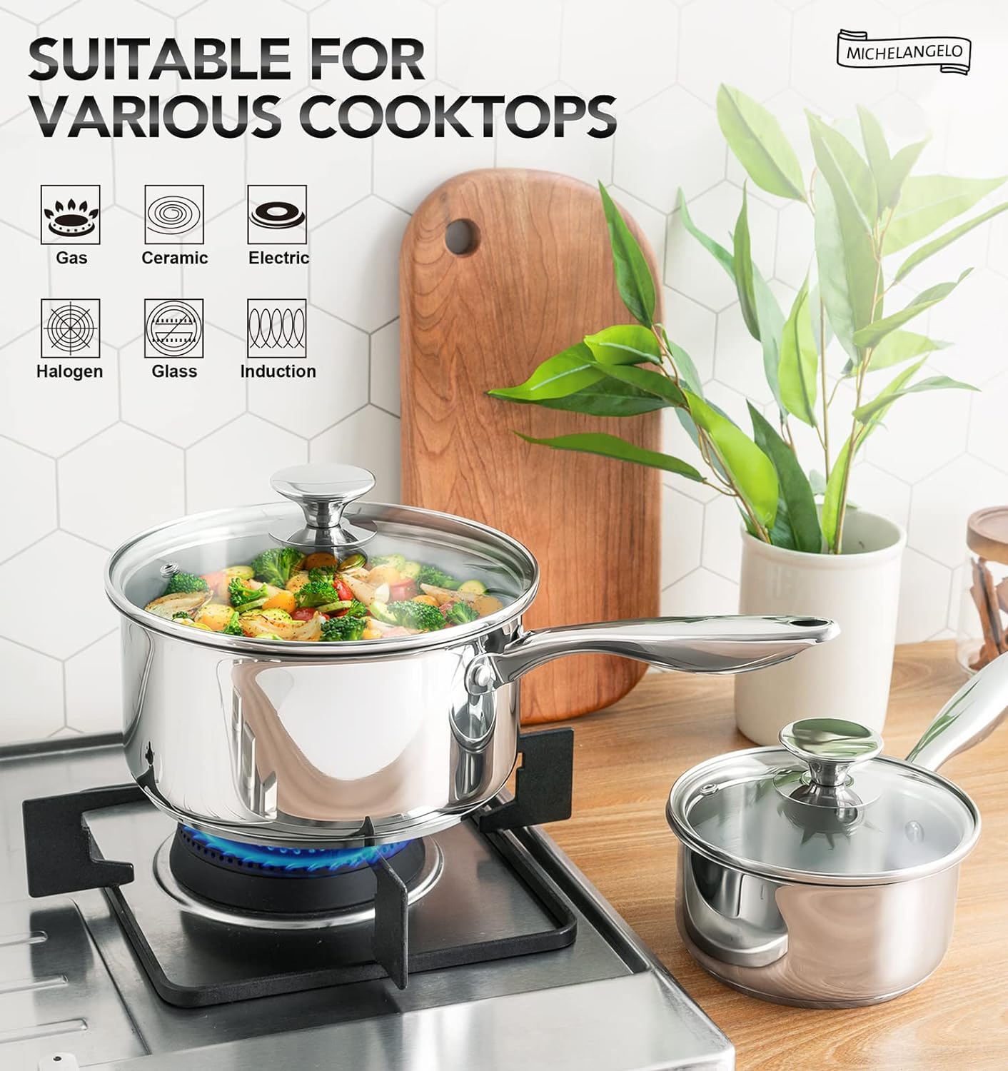 Detalle 2 de Michelangelo Stainless Steel Saucepan Set 1QT & 3QT with Lids 🥘