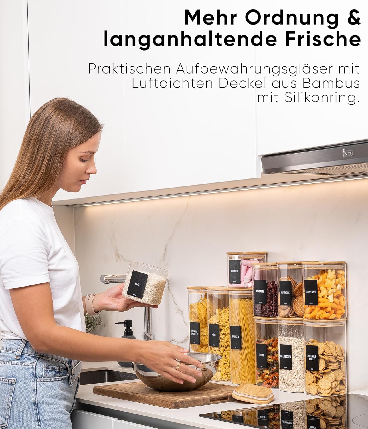 Detalle de Deco haus Vorratsgläser 6er Kombi-Set mit luftdichtem Deckel, Etiketten – Glasbehälter für Mehl, Müsli & Co.