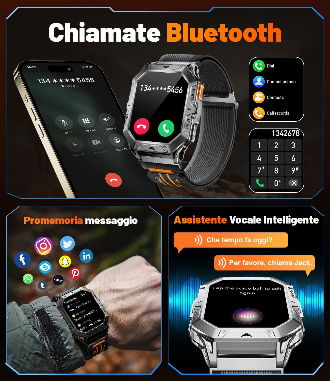 Detalle de Smartwatch Uomo Militare TX1 grigio con batteria da 1000mAh, bussola/barometro e 10ATM