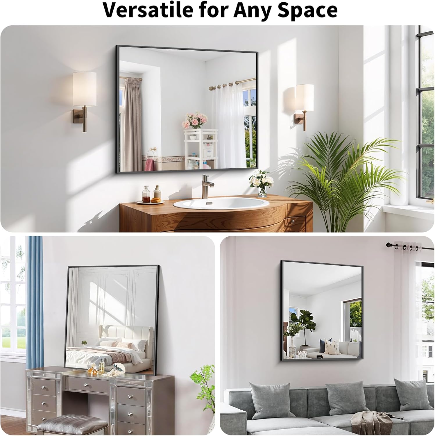Thumbnail 4 de Koonmi Black Framed Bathroom Mirror — 30x36, Shatterproof Tempered Glass with Matte Aluminum Frame