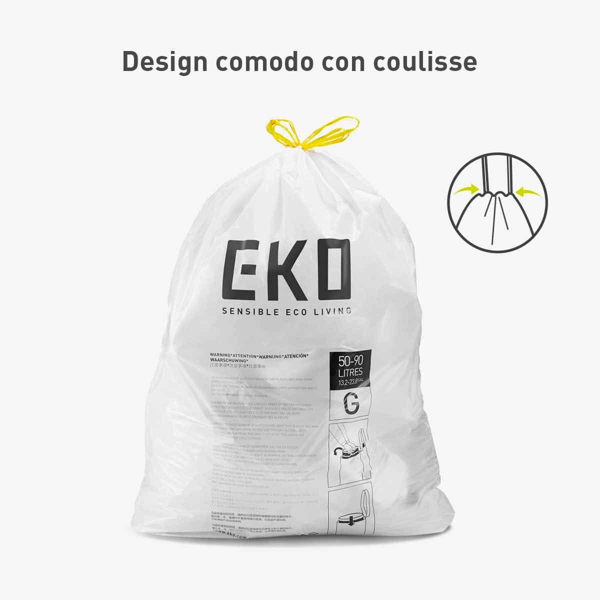 Detalle de EKO Sacchetti Pattumiera Code G 60 Pezzi (50-90 L) – Ultra Resistenti, Anti-Perdita, con Maniglie a Chiusura Automatica