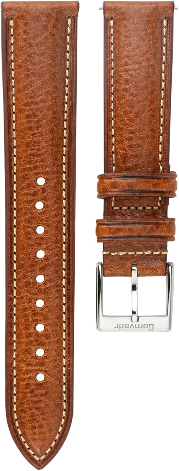 Detalle de Gomvadr Leder Uhrenarmband (pflanzlich gegerbtes Top-Grain), Schnellspanner-Ersatzband – Cognac/Silber, 21 mm (Kontrastnaht)