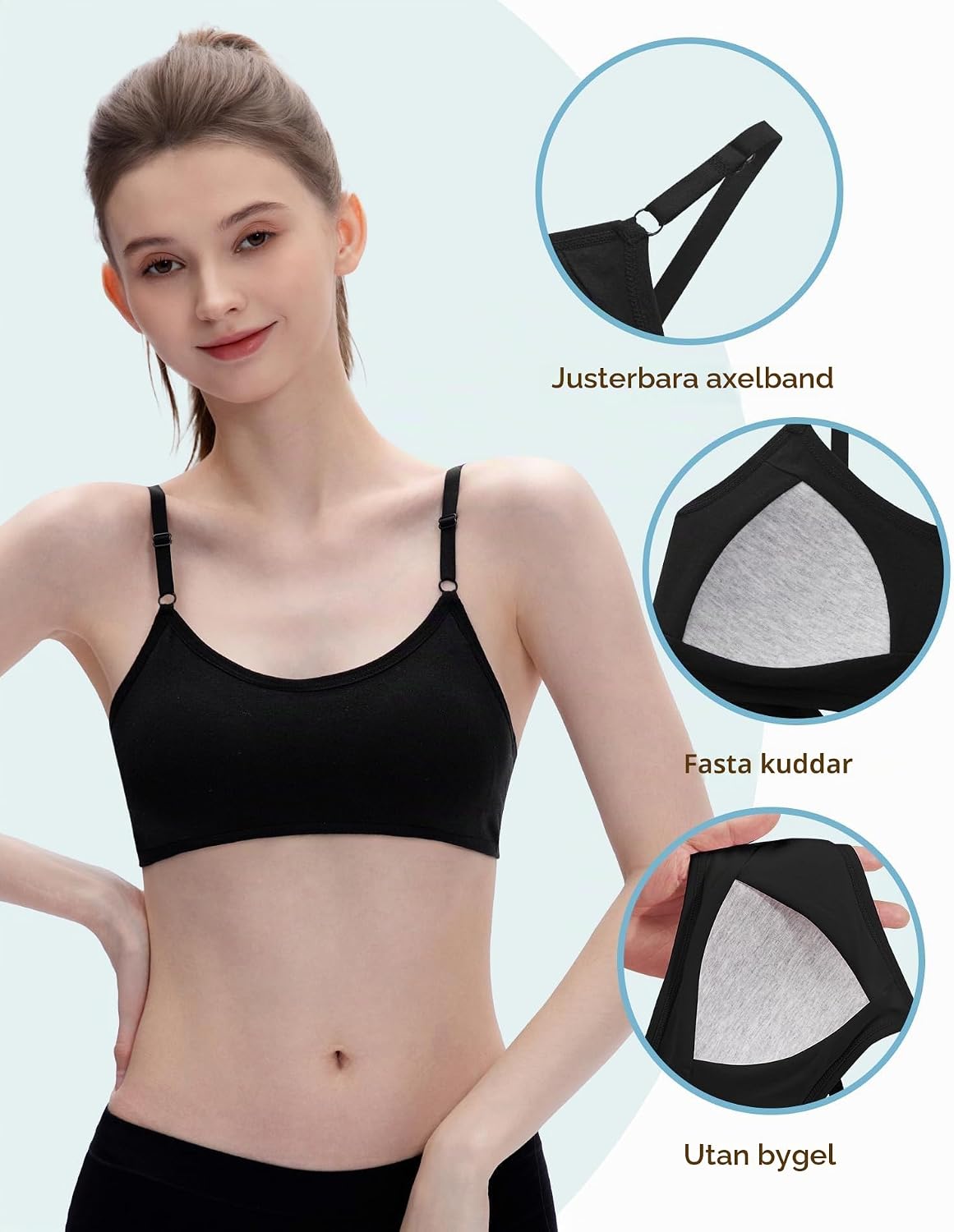 Detalle 2 de INNERSY sport-bh för flickor, bomull, bygelös med fast vaddering, 3-pack