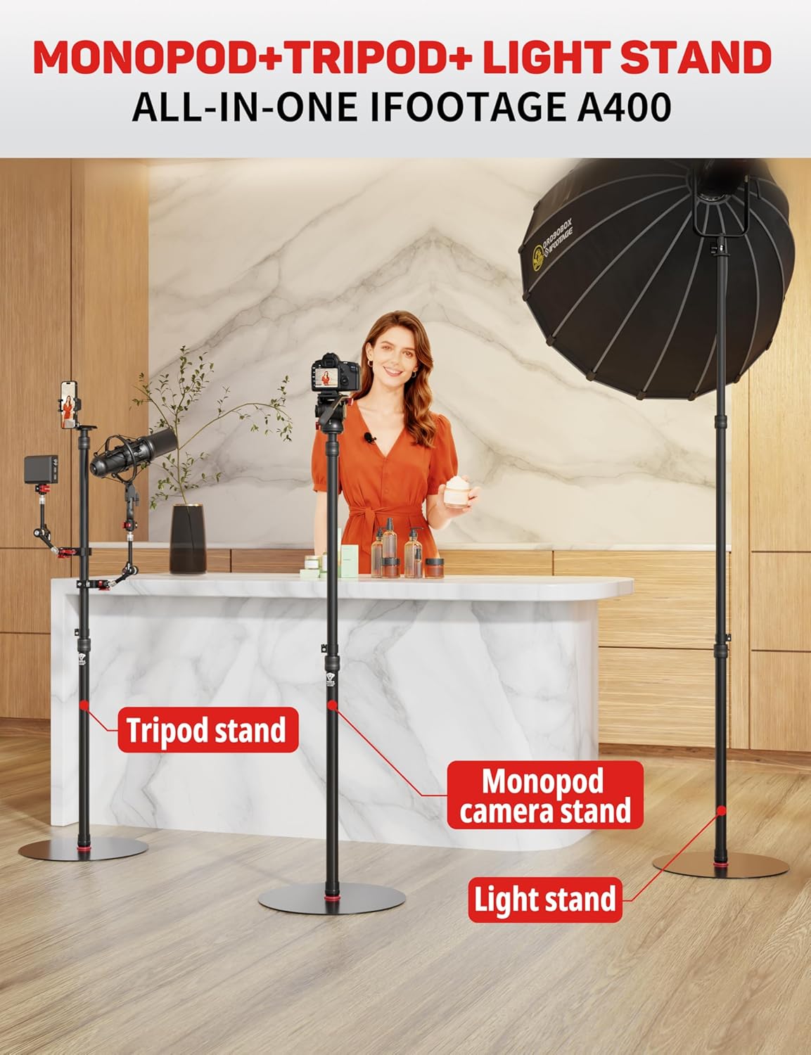 Thumbnail 1 de IFOOTAGE A400 Round Base Monopod (2 Pack) — 79" Studio Light Stand Monopod for Video, Streaming & Interviews