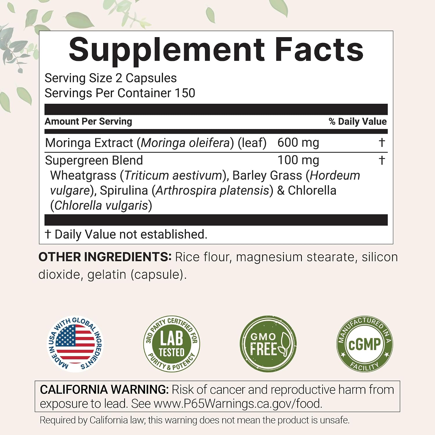 Detalle de Micro Ingredients Moringa Capsules, 300 Capsules