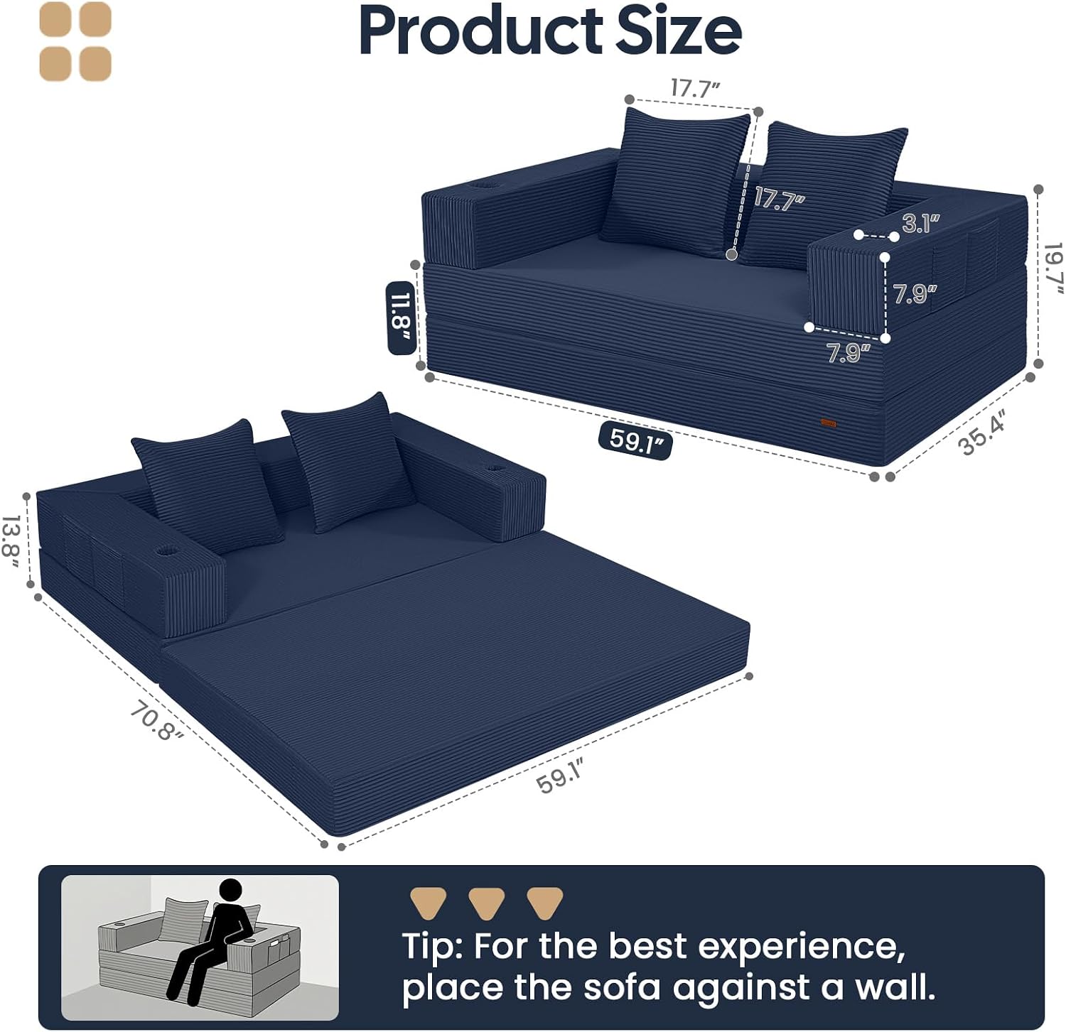Thumbnail 1 de COMAX Futon Sofa Bed: 4-in-1 Convertible for Small Spaces