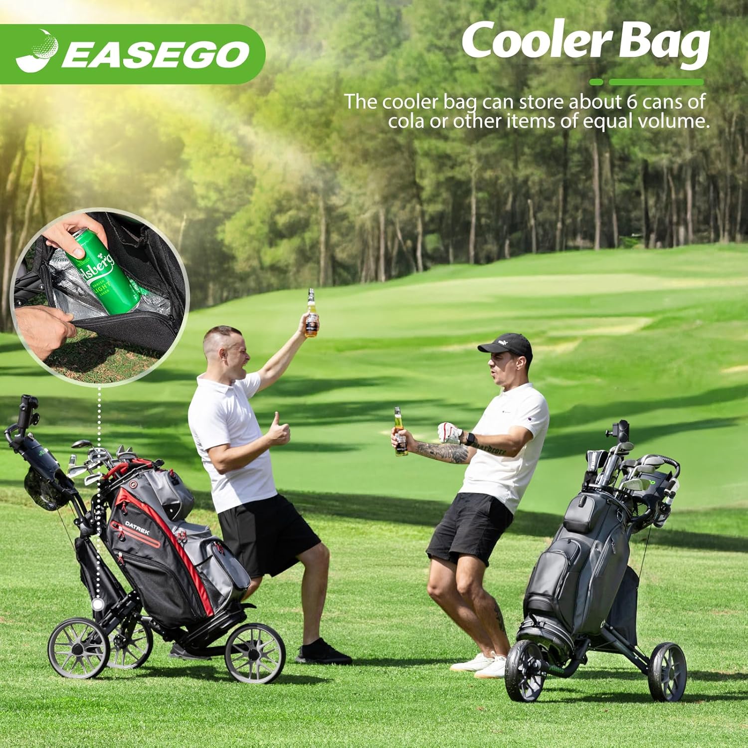Detalle 2 de EASEGO 3-Wheel Golf Cart: Foldable All-Terrain Push Cart with Phone, Cup, and Umbrella Holders