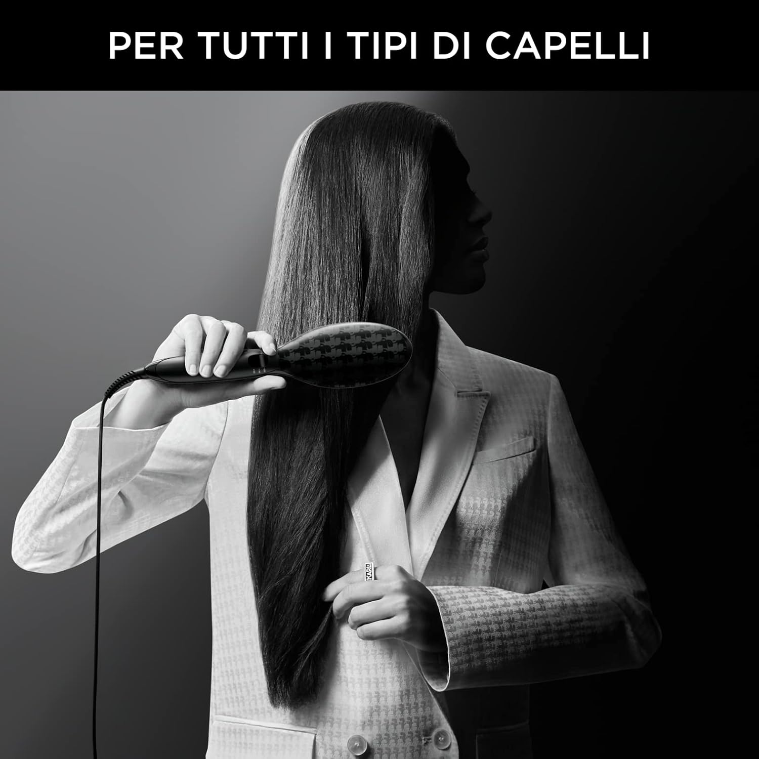Detalle de Rowenta x Karl Lagerfeld CF582L Powerstraight spazzola riscaldante lisciante in ceramica, per tutti i tipi di capelli