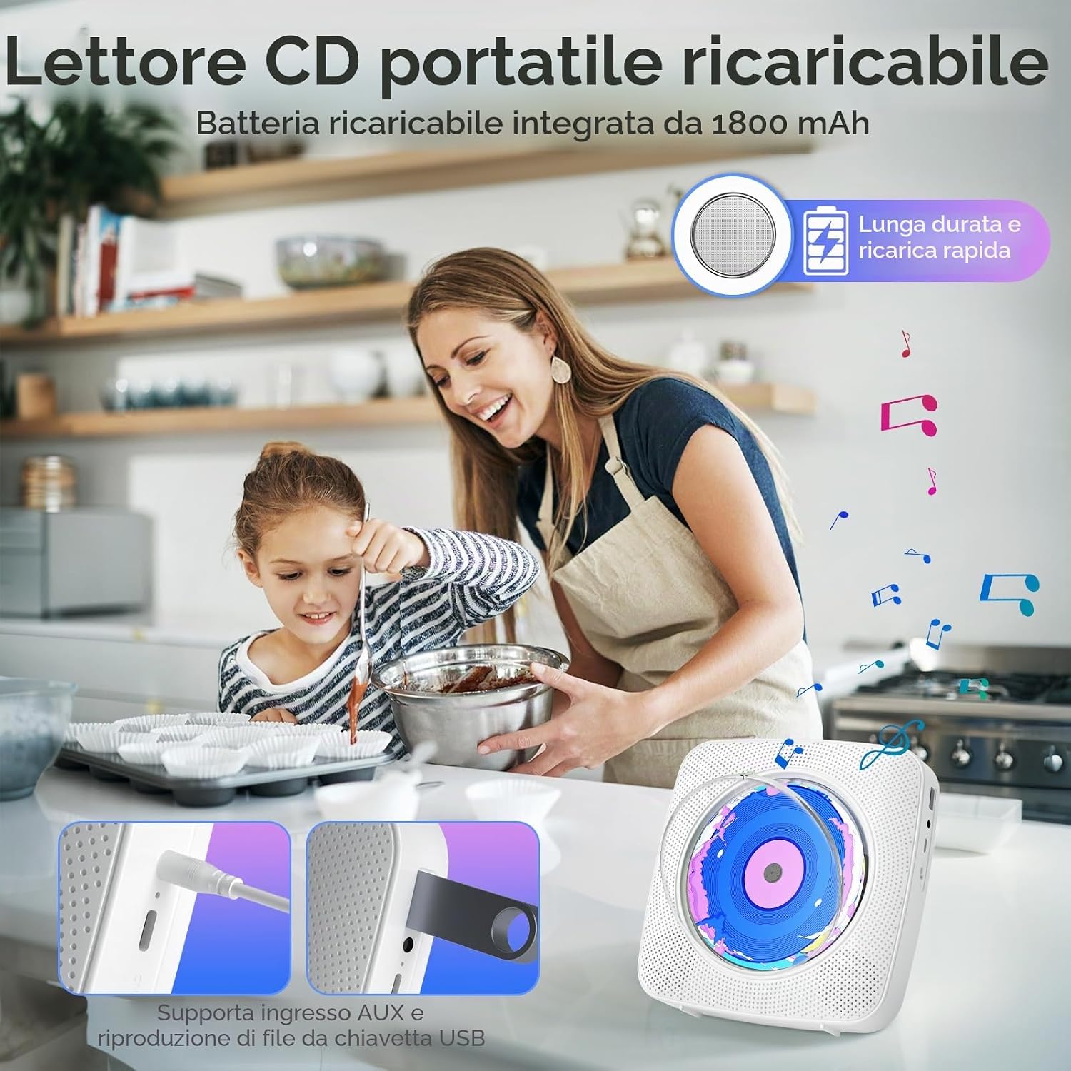 Detalle 2 de Lettore CD Portatile hi-fi Kegaudio: Bluetooth, altoparlanti integrati e supporto a parete