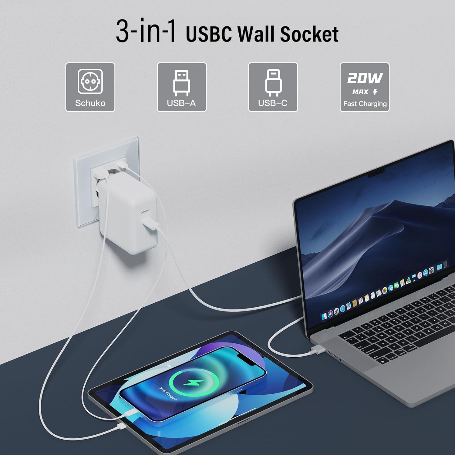 Thumbnail 1 de BSEED Enchufe Doble Pared 20W USB C Blanco