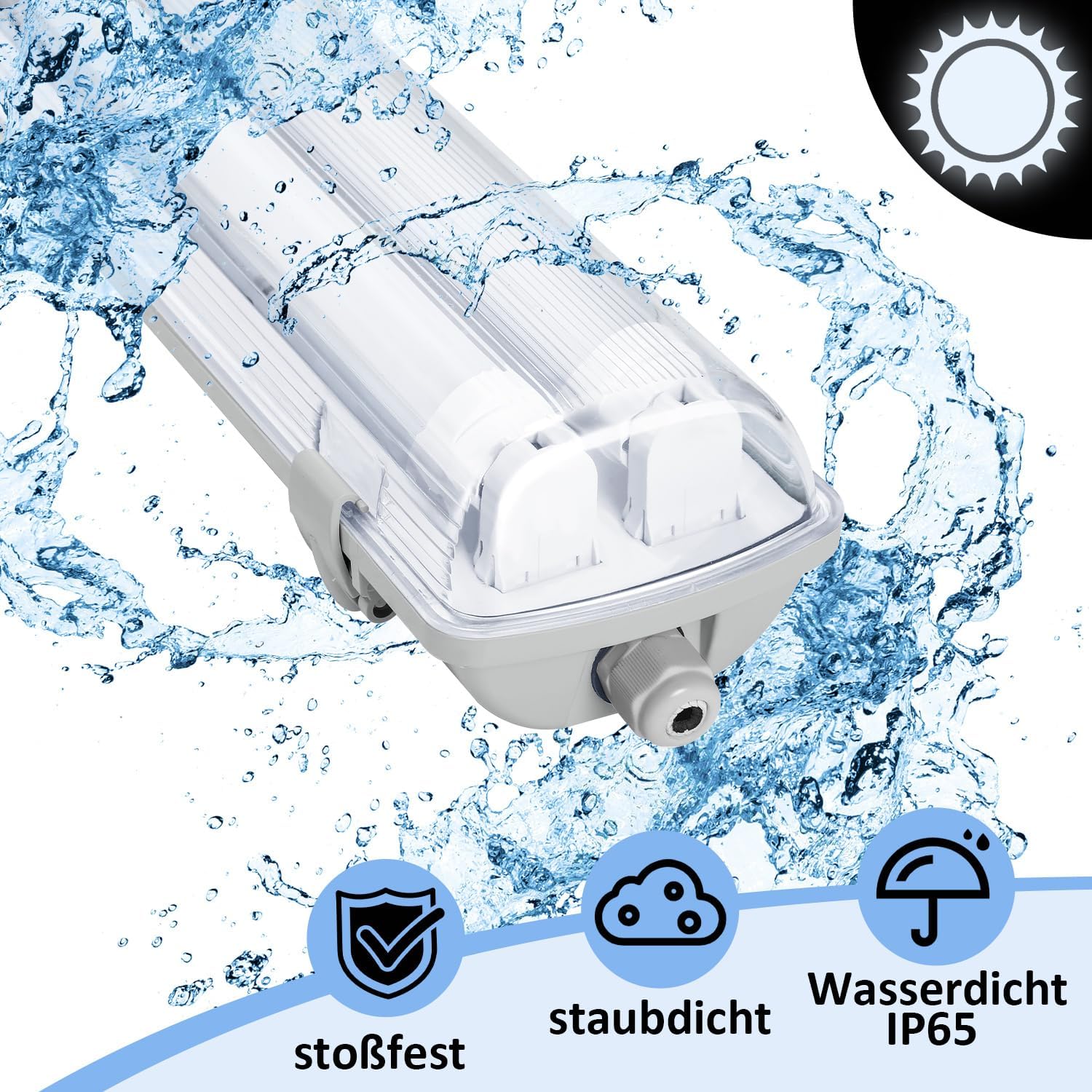 Detalle 2 de Daromigo Lampada LED per ambienti umidi, 150 cm, 2x24 W, IP65 – luce bianca fredda 6500 K