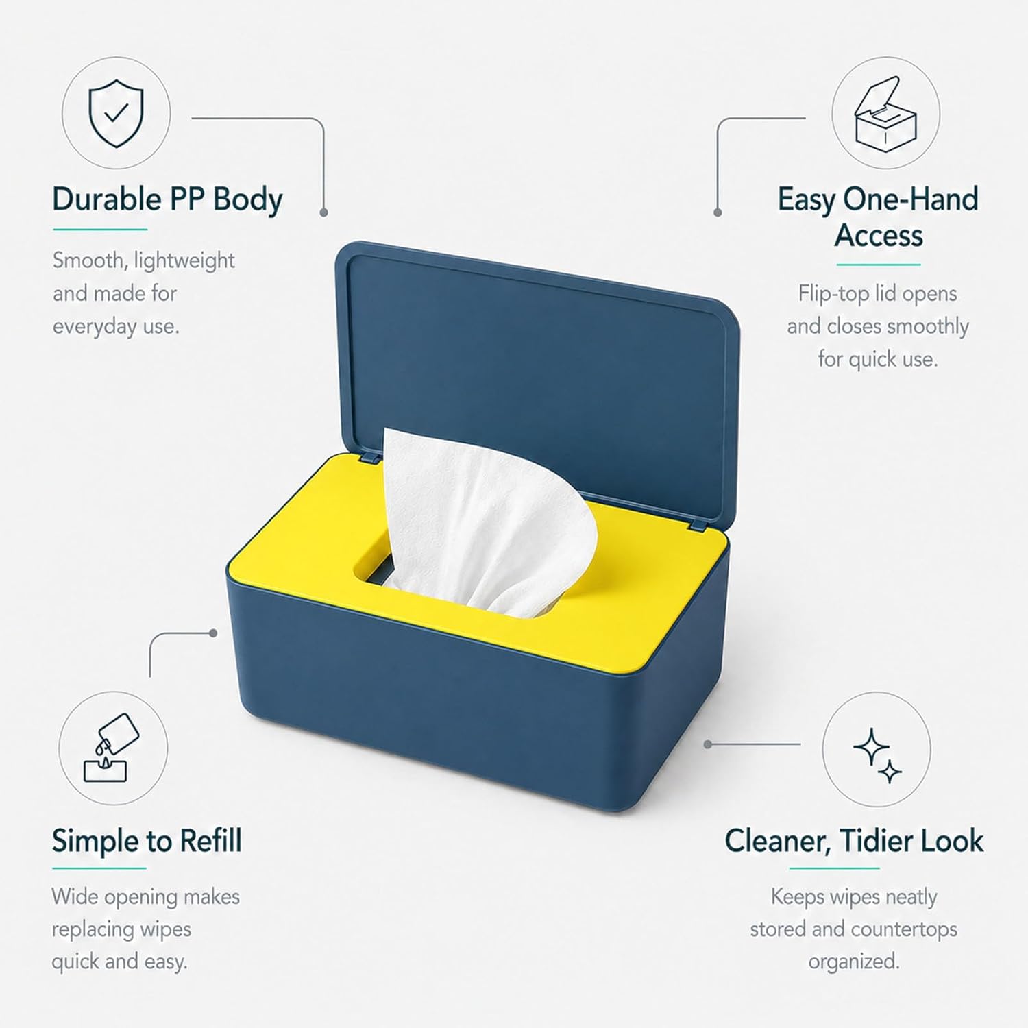 Detalle 2 de jiuzcare Wet Wipes Box with Flip Lid – Blue Yellow Dispenser