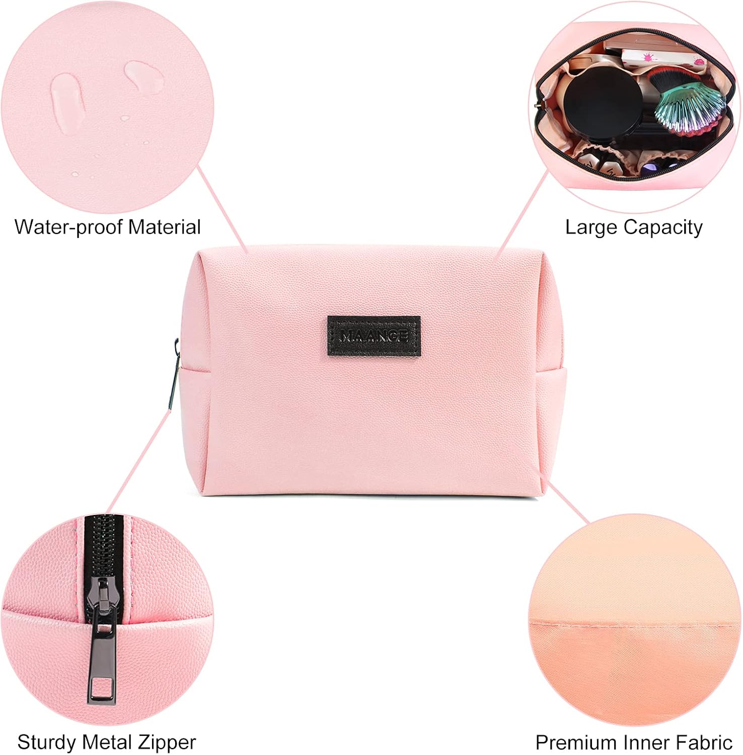 Detalle de MAANGE 2-Piece Small Makeup Bag Set | PU Leather Travel Cosmetic Bags in Pink & Blue