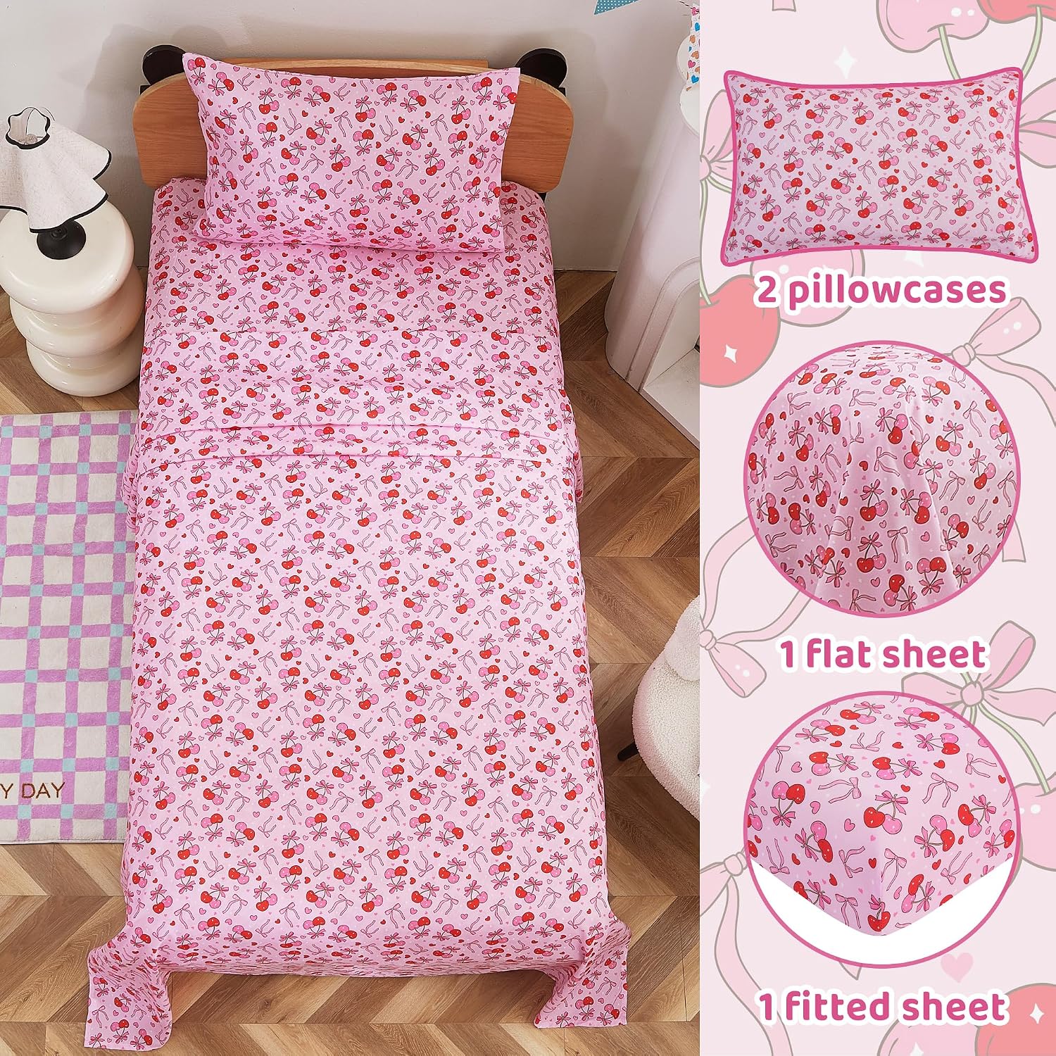 Thumbnail 1 de Viviland Full Sheet Set for Kids, Pink Cherry Bow Microfiber, 15-Inch Pocket