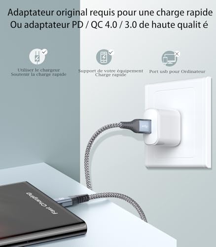 Detalle de Cable USB C AviBrex 2 Pack 1m + 2m: Carga rápida 3.1A y Nylon duradero para múltiples dispositivos
