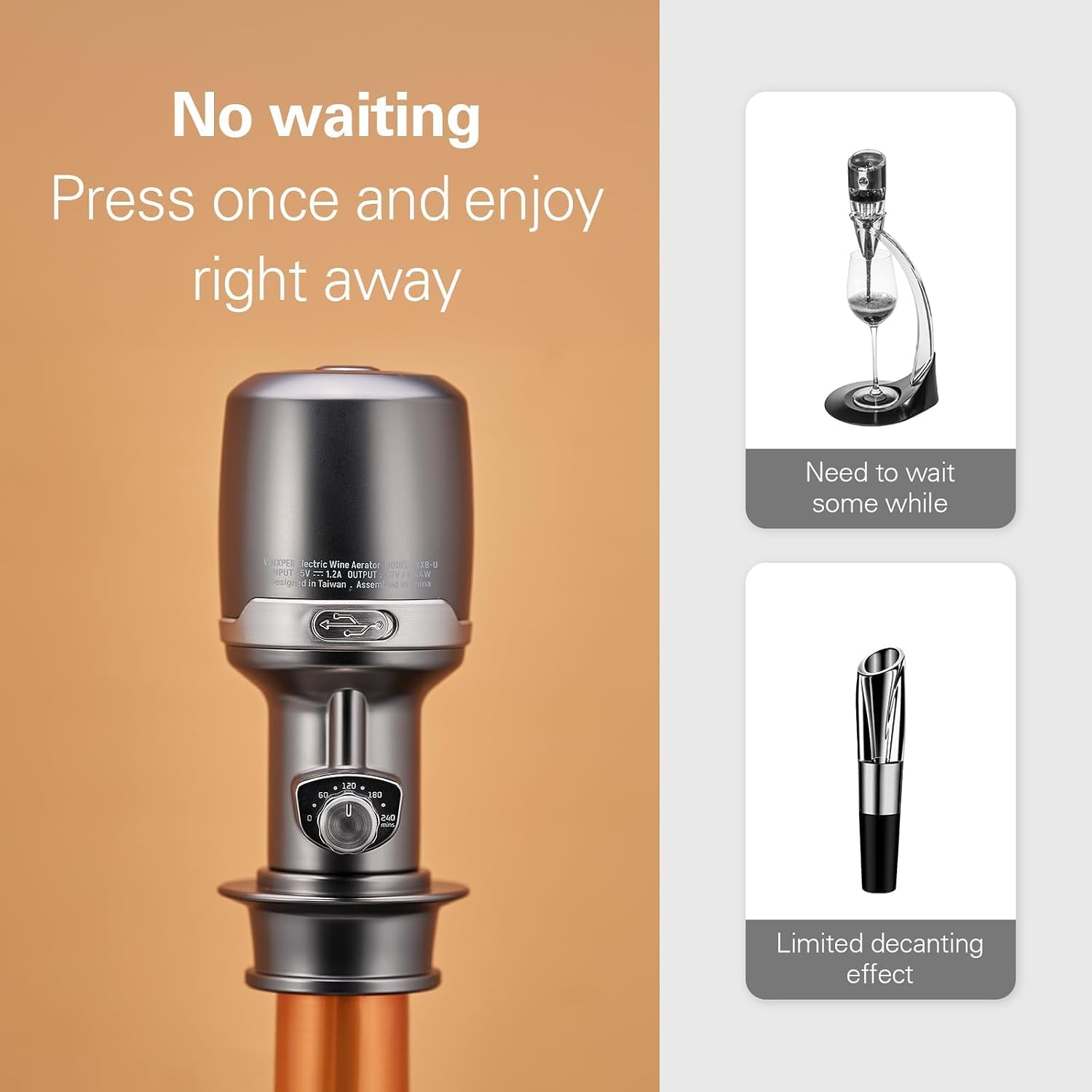 Thumbnail 2 de Vinxper VX8UG Electric Wine Aerator, Adjustable, Rechargeable, Gunmetal Gray