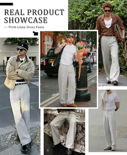 Thumbnail 5 de FEDTOSING Mens Baggy Casual Dress Trousers with Elastic Waist – Apricot Linen Wide Leg Trousers for Men