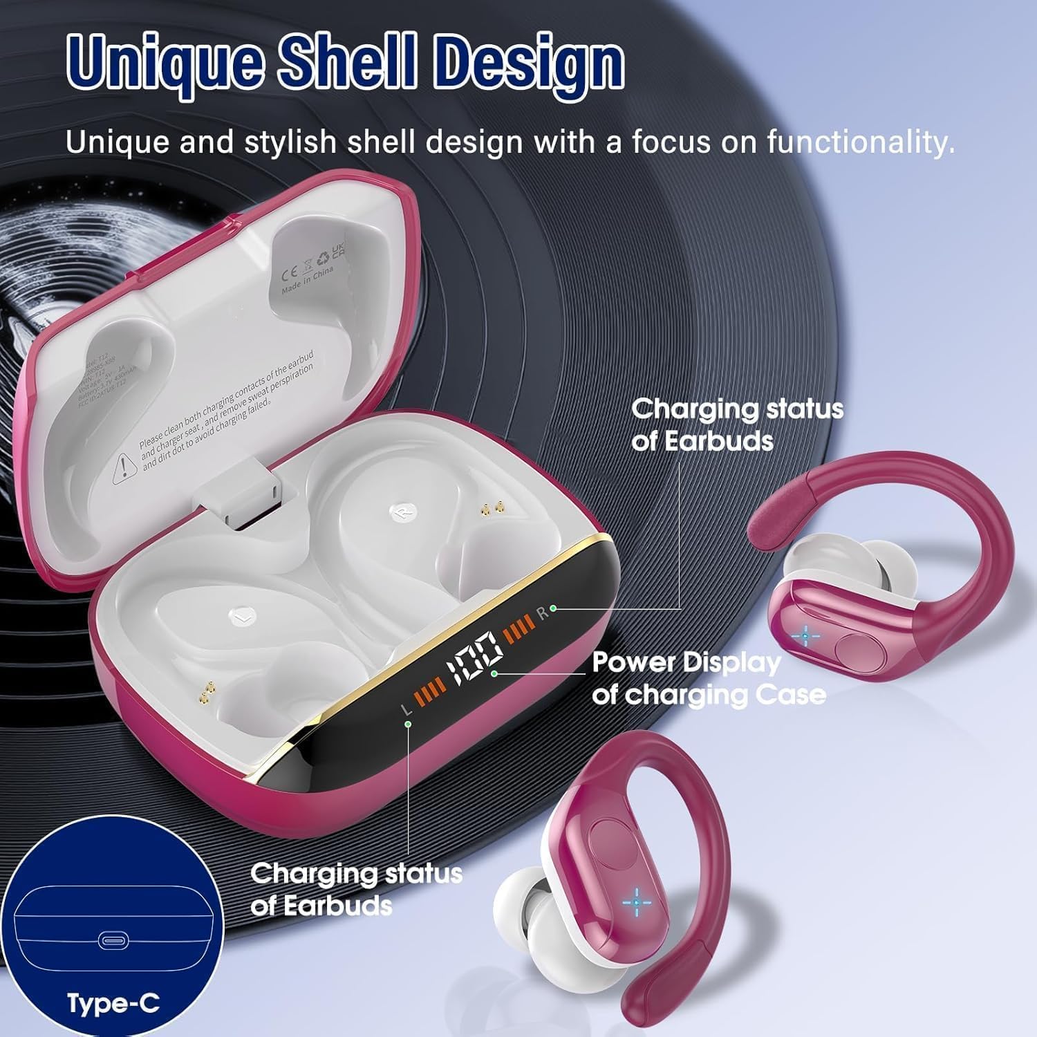Detalle de Qecnato T12 Wireless Earbuds, Bluetooth 5.4, 75-Hour Battery, Ear Hooks