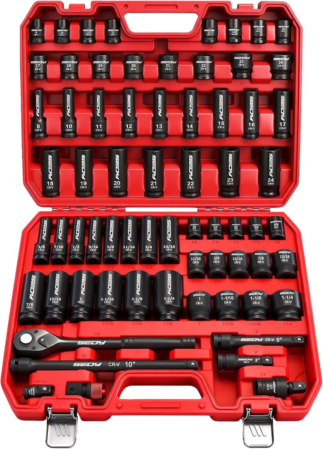 Master 1/2" Drive Impact Socket Set (67-Piece) — SAE 3/8"–1-1/4" & Metric 8–24mm, Ratchet + Extensions