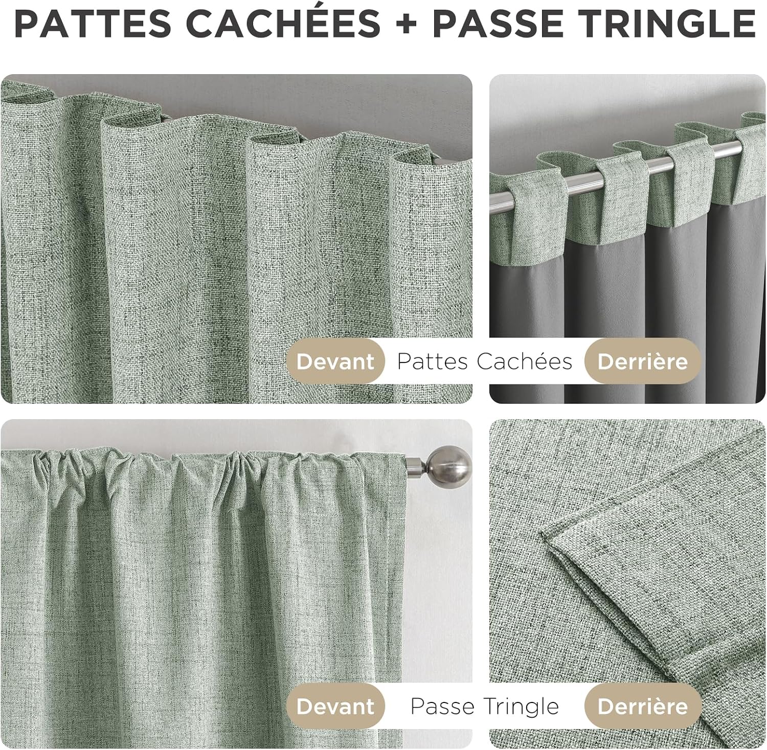 Detalle de Joydeco Rideau occultant 100% polyester imitation lin Vert Sauge 140x220 cm – 2 panneaux