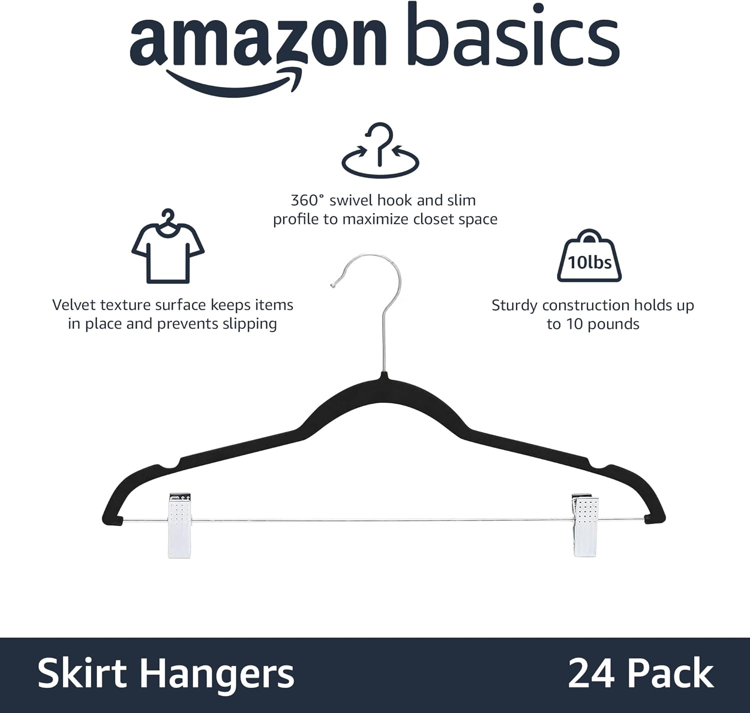 Thumbnail 1 de Amazon Basics: Grucce con pinze per gonne e pantaloni, velluto rivestito, confezione da 24, Nero