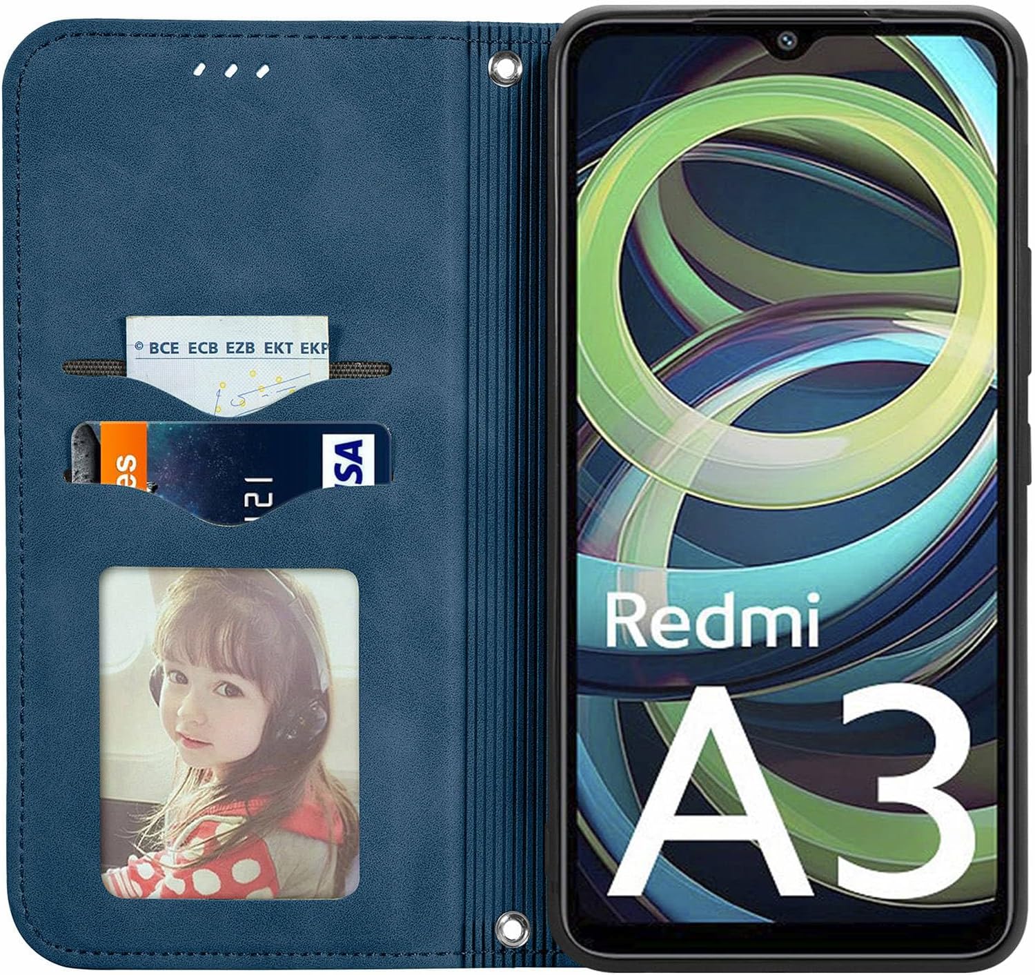 Detalle de Cracedily Handyhülle für Xiaomi Redmi A3 / A3X – Klapp-Flip Case mit Kartenfach, Magnetverschluss und Standfunktion (Blaugrün)