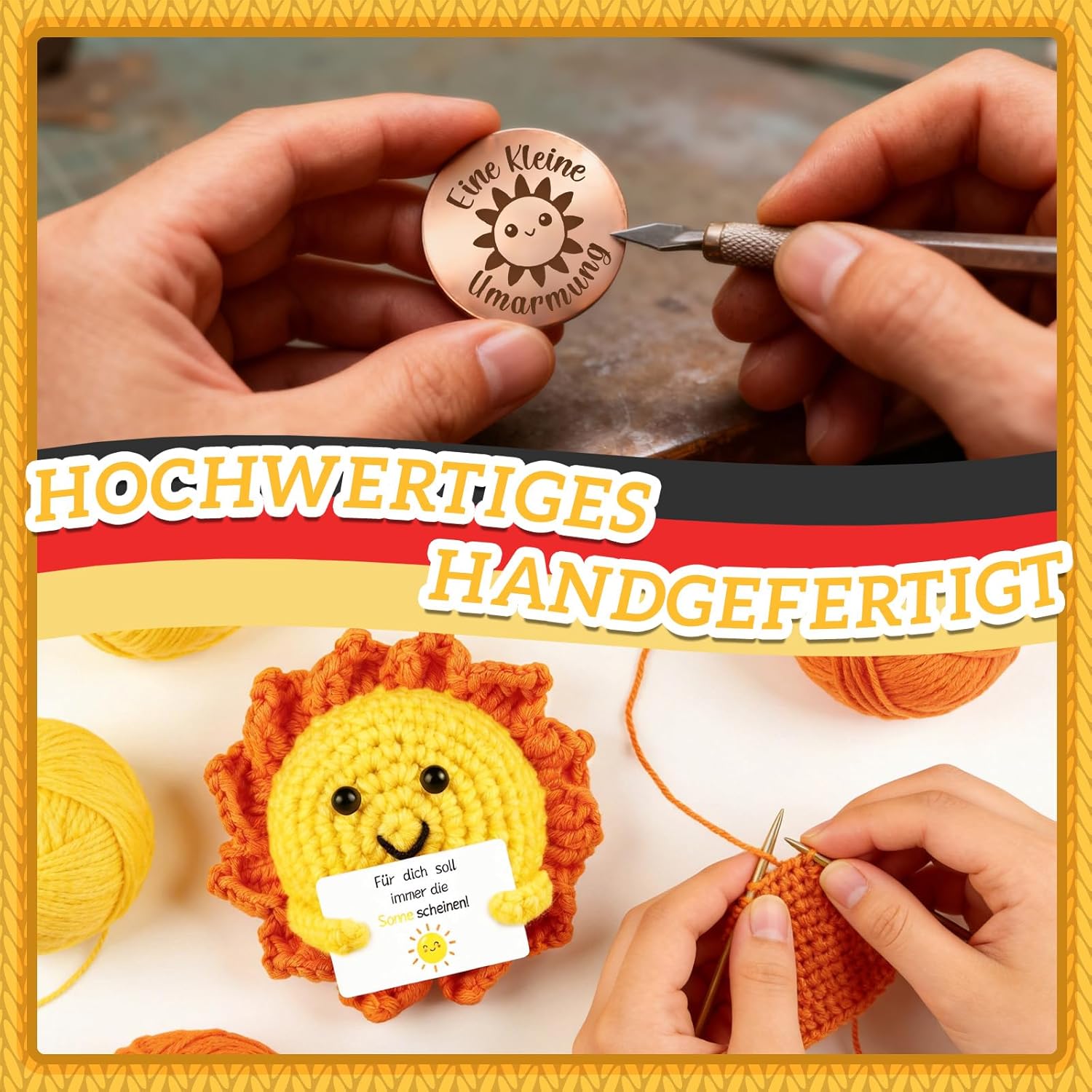 Thumbnail 6 de Giftota Pocket Hug Sonne – handgehäkeltes Glücksbringer-Set mit Münze und Motivationsbotschaft