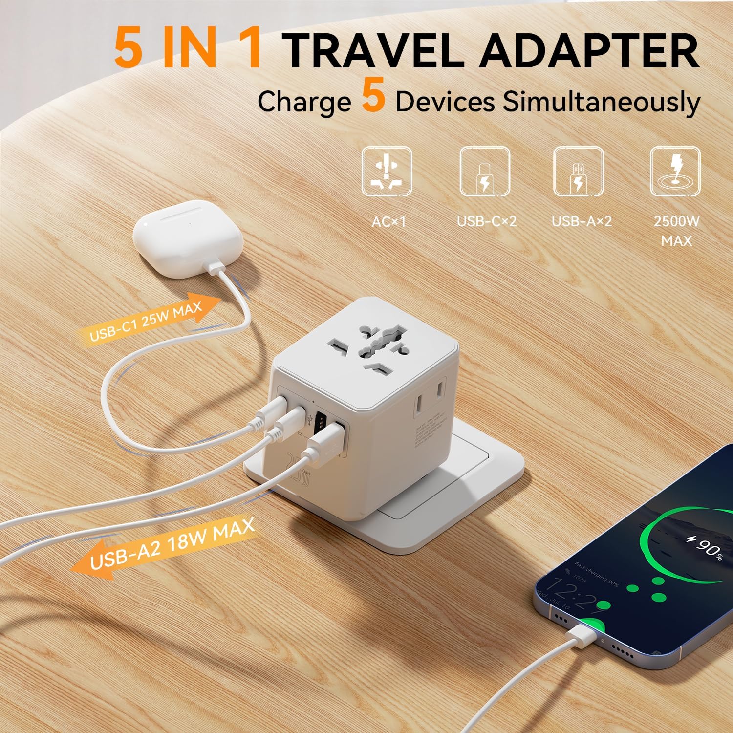 Detalle de Auxmir Adaptateur Prise Universelle avec 2 USB‑C et 2 USB‑A — Charge rapide 25W et 5 en 1 pour voyages