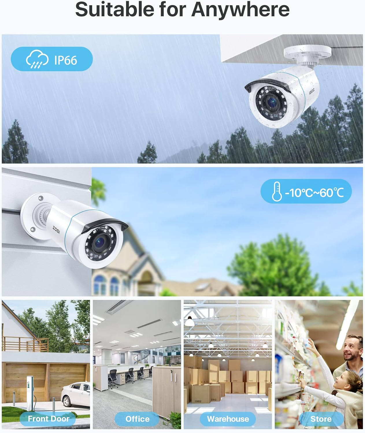 Thumbnail 3 de ZOSI 4PCS 1080P TVI: telecamere di sorveglianza per esterni IP66 con visione notturna fino a 20 m e lente 3,6 mm