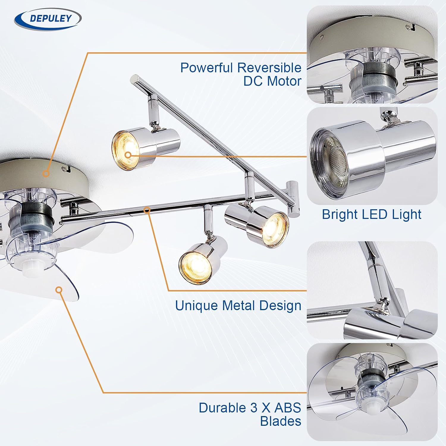 Detalle de Depuley Ceiling Fan with Track Lighting: Chrome 6-Light Track Light and Fan Combo for Bedroom