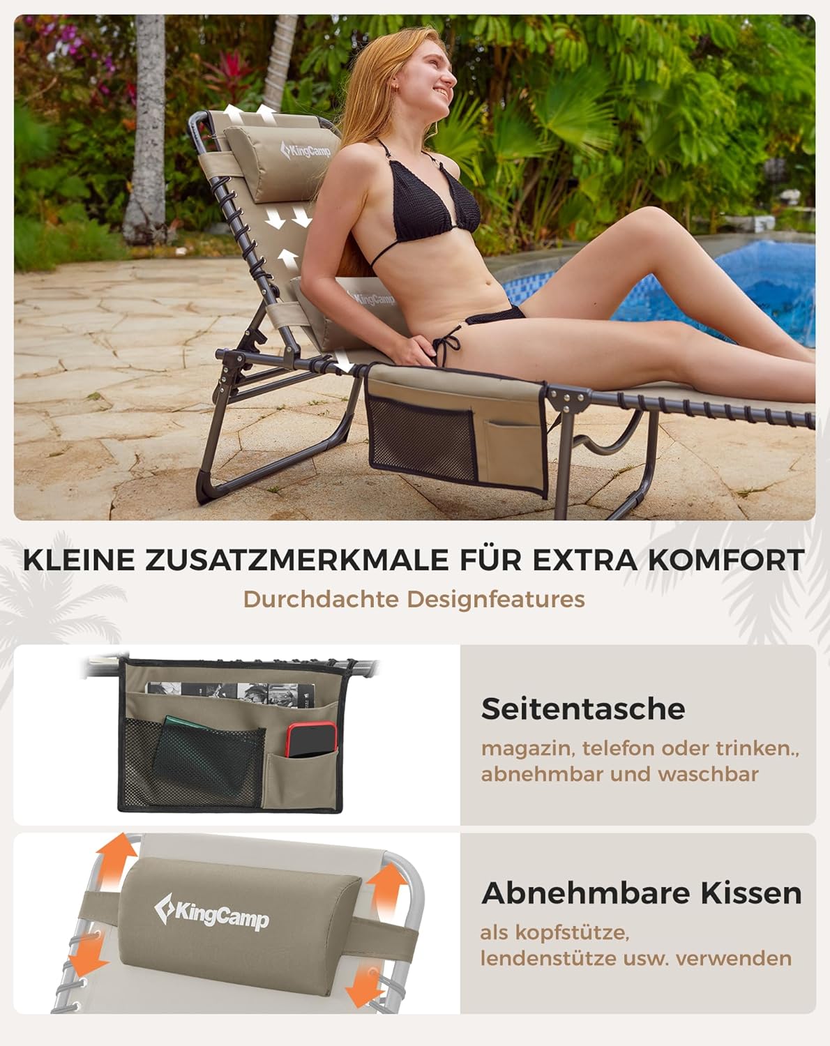 Detalle de KingCamp Sonnenliege Klappbar: 5‑Positionen, robustes Strand- und Gartenbett mit Kopfkissen