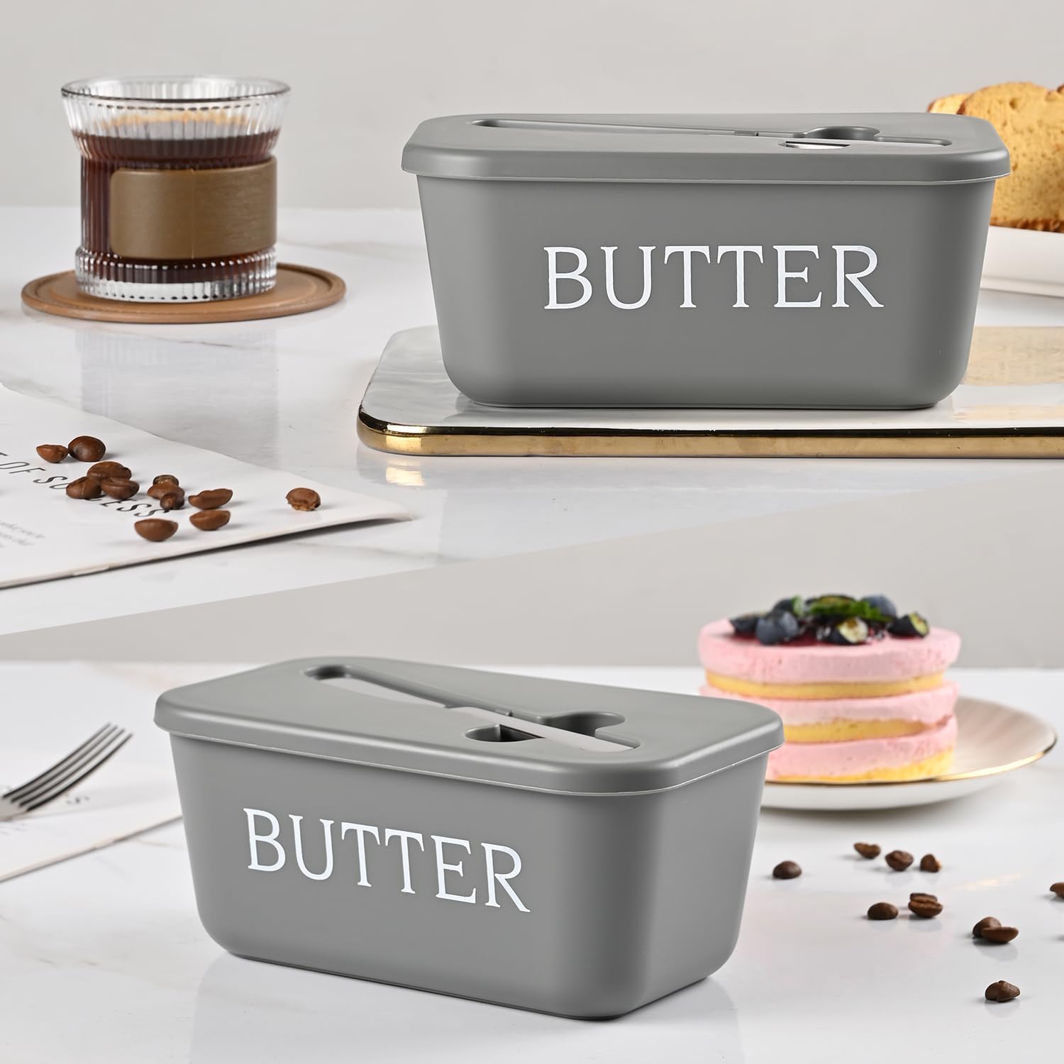 Thumbnail 1 de Plastic Large Butter Dish With Lid — Grey, BPA-Free PP, Includes Stainless Steel Butter Knife