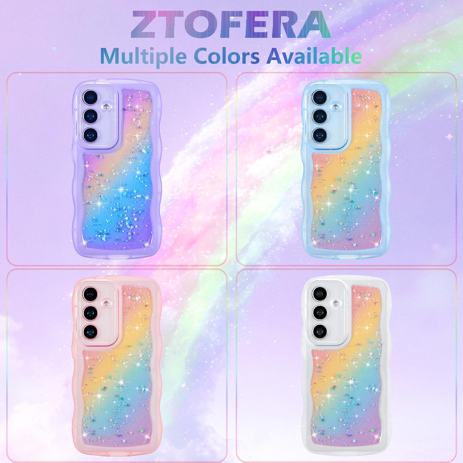 Thumbnail 5 de ZTOFERA Galaxy A15 4G/5G Case (6.5") — Curly Wave TPU Cover with Rainbow Star Glitter, Clear TPU Shockproof Phone Protection