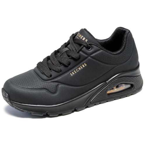 Detalle de Skechers Damen Uno Stand On Air Weit Trainer in Schwarz – Durabuck Mesh, Weitpassform