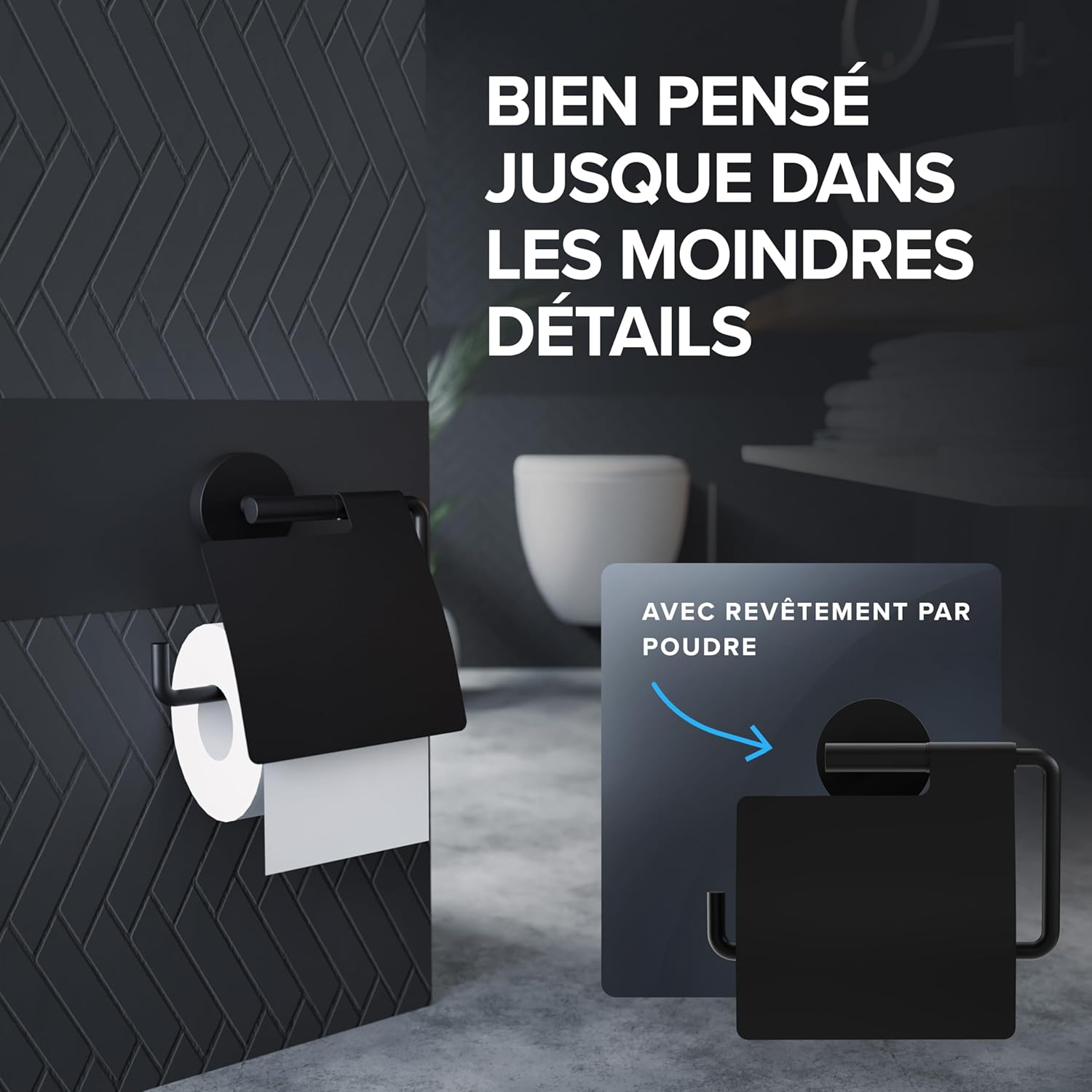 Thumbnail 5 de ovimar Porte-Rouleau Heroya à perce Noir – Porte-Rouleau en acier inoxydable avec couvercle et amortisseur d’abaissement