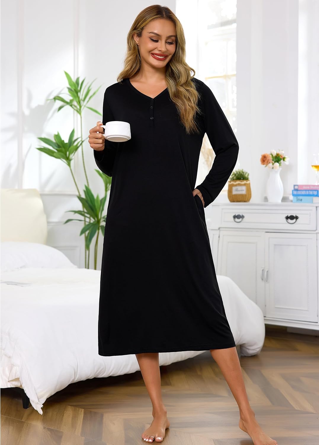 Thumbnail 4 de Lovasy long-sleeve cotton nightdress for women with pockets – long nightshirt nightwear