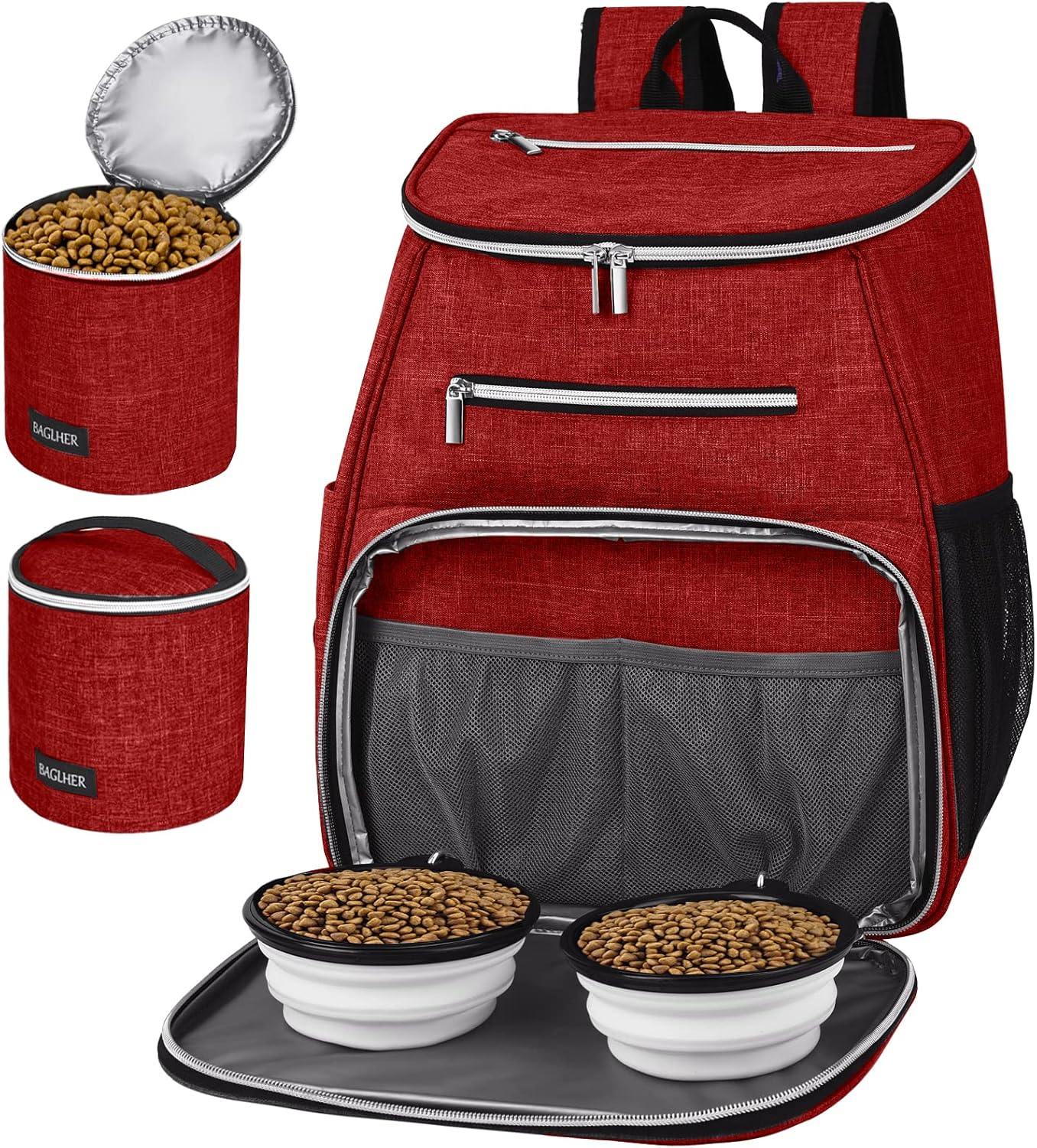 Detalle de BAGLHER Dog Travel Bag Backpack – Airline Approved with 2 Collapsible Bowls & 2 Food Baskets (Red)