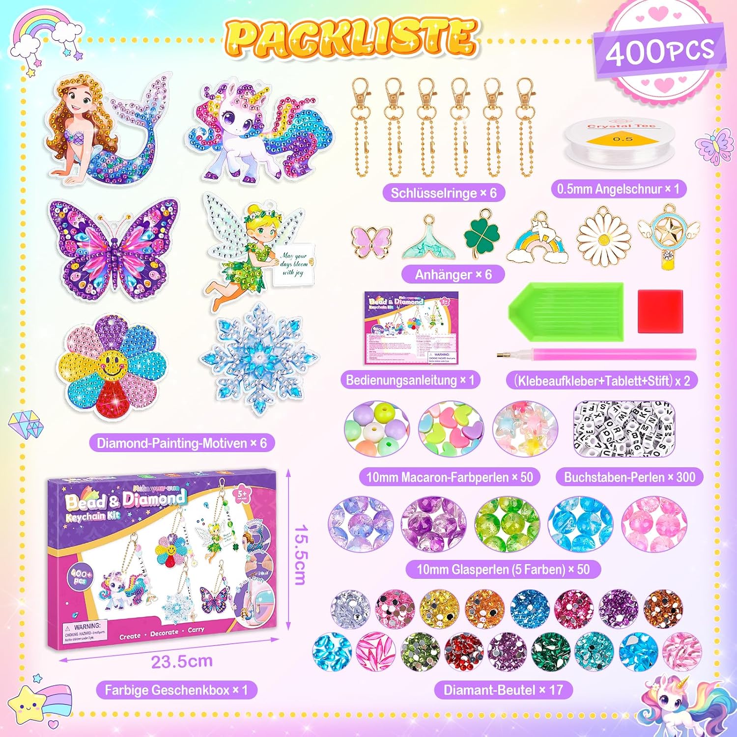 Detalle 2 de Geschenk Mädchen Diamond Painting 2-in-1 Bastelset – Schlüsselanhänger & Diamantenschmuck (6 Motive)