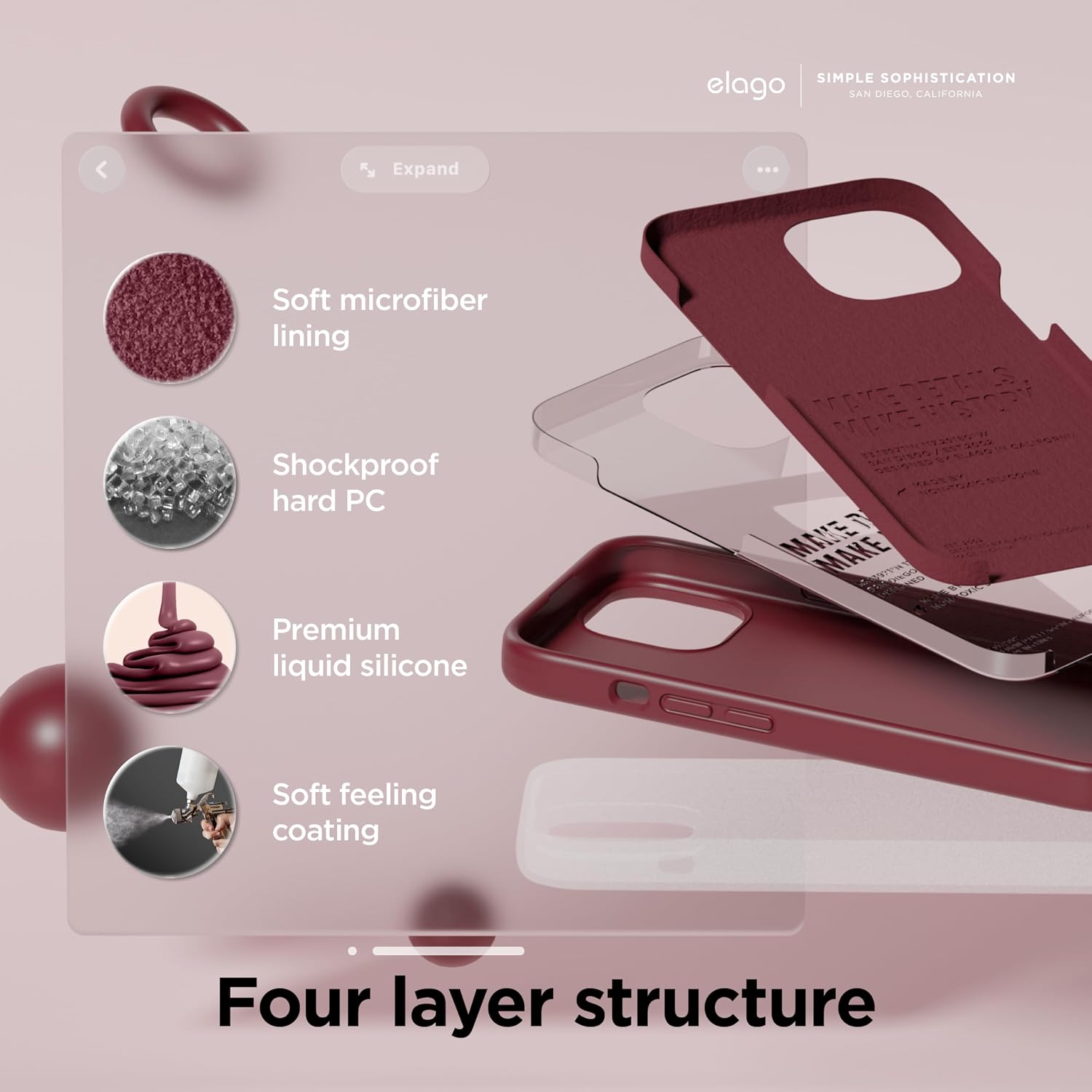 Detalle 2 de elago Coque Silicone Liquide pour iPhone 15 – étui intégral en silicone et microfibre anti-rayures (Bordeaux)