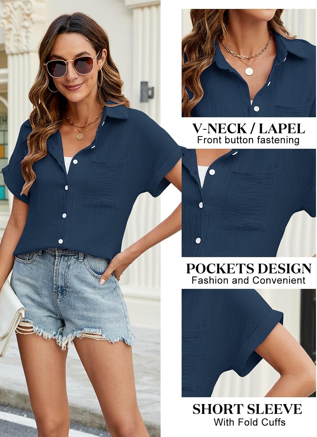 Detalle de PASUDA camicia donna estiva in cotone con scollo a V e bottoni, manica corta casual elegante
