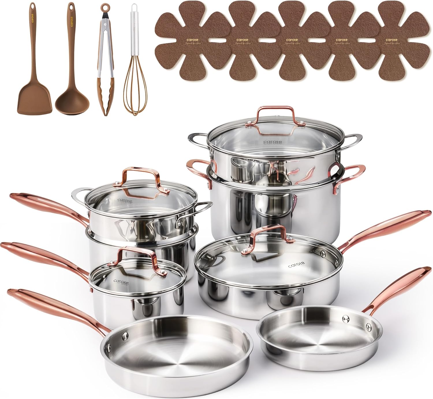Detalle de CAROTE 21pc Tri-Ply Stainless Steel Cookware Set (Pots and Pans), Induction Safe, Mirror Polish, Gold
