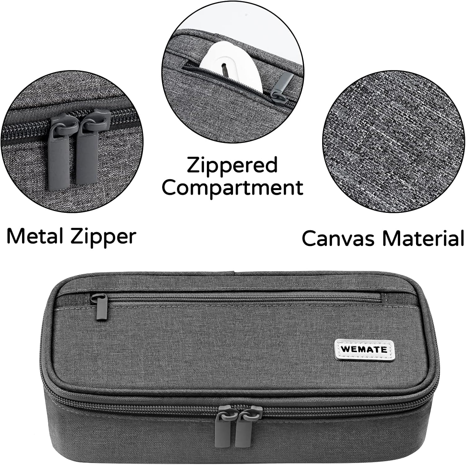 Thumbnail 1 de WEMATE Large Canvas Pencil Case (Grey) with Zipper and 5 Compartments