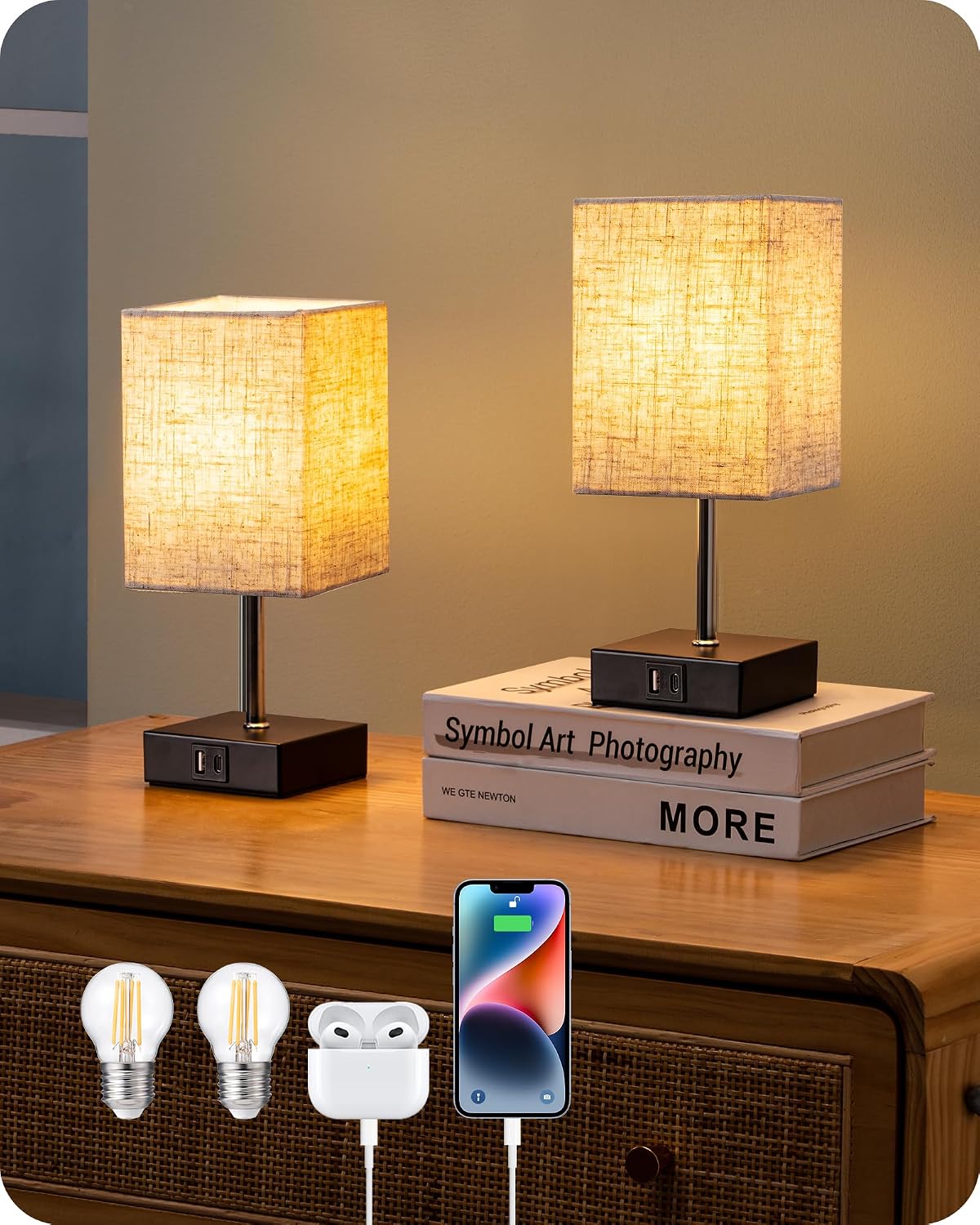 Detalle de EDISHINE LED Nachttischlampe Touch dimmbar im 2er-Set mit USB (Type-A & Type-C) – beige