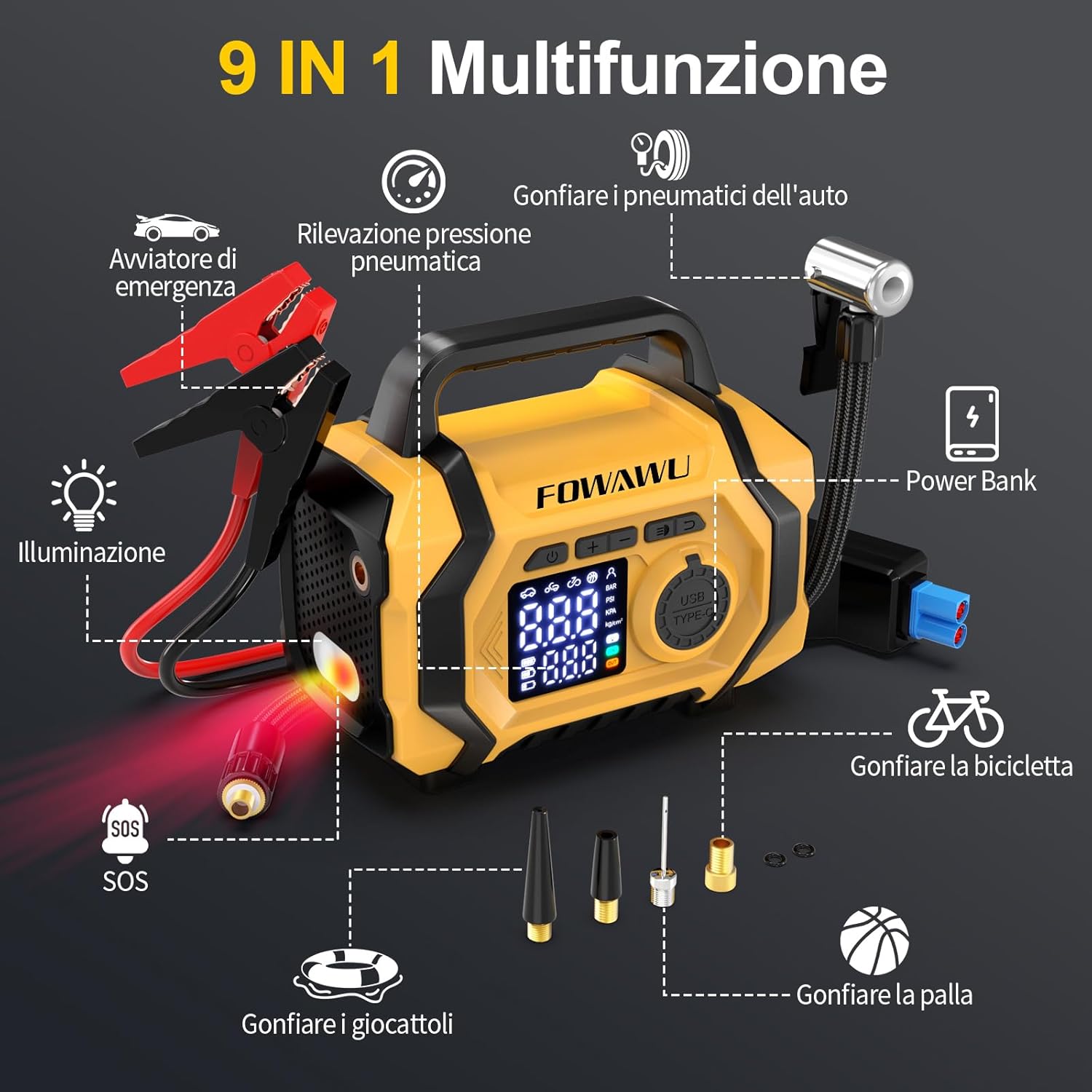Detalle de FOWAWU Avviatore Batteria Auto con Compressore 9 in 1 – 8000A, 26800mAh, 150 psi