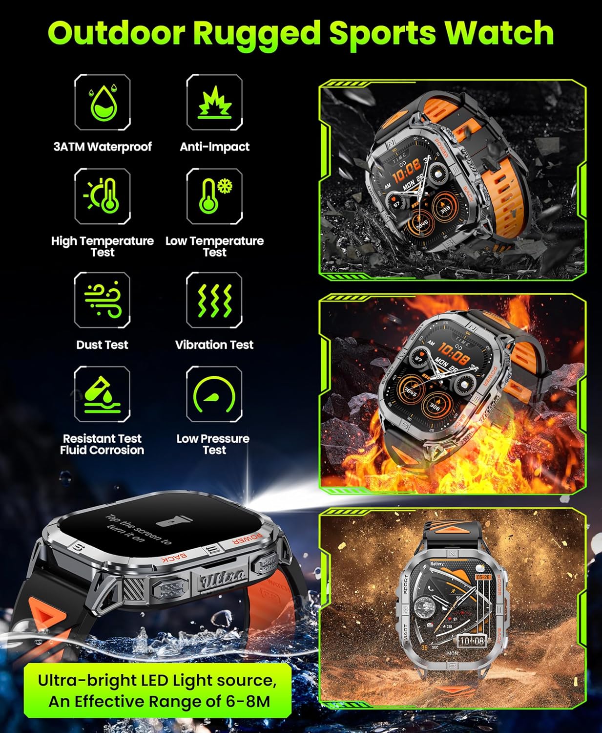 Detalle 2 de Joautrial Military Smart Watch for Men with Built-in GPS, 2.13" AMOLED and Bluetooth Calls (Black)