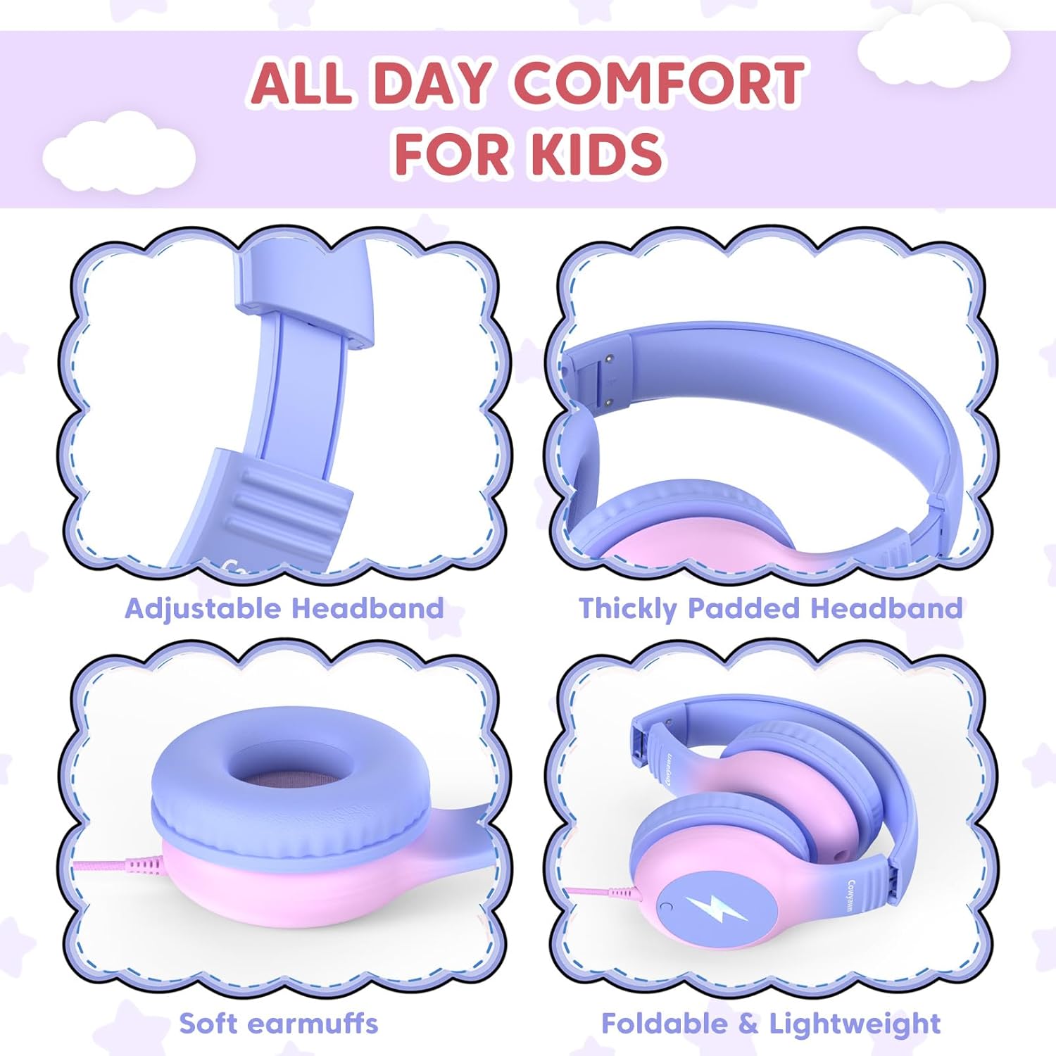 Thumbnail 4 de Cowyawn Kinder-Kopfhörer mit LED-Lichtern – USB-C Over-Ear, Mikrofon, 85/94 dB, Violet